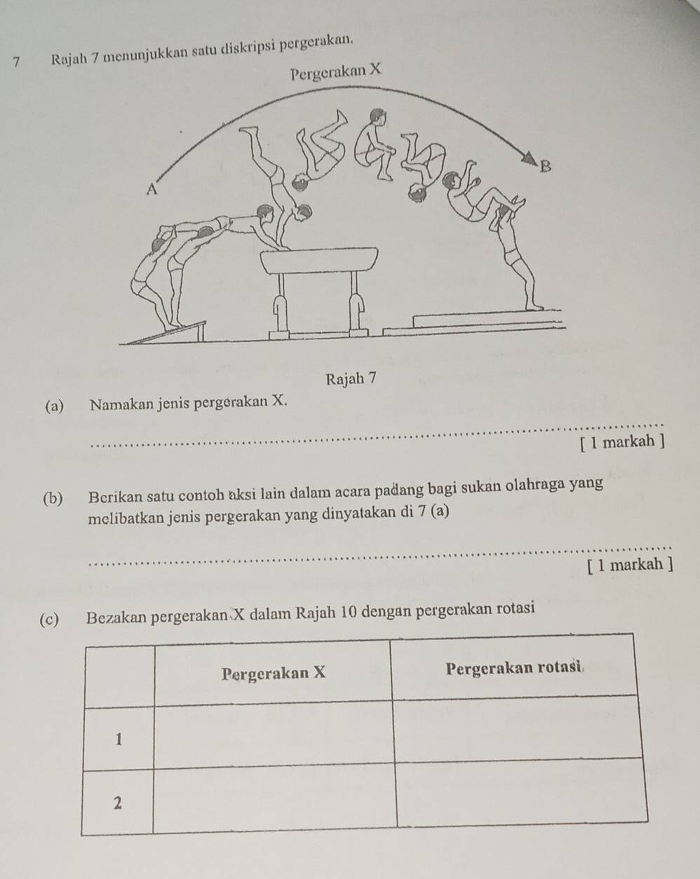 Rajah satu diskripsi pergerakan. 
Rajah 7 
_ 
(a) Namakan jenis pergerakan X. 
[ 1 markah ] 
(b) Berikan satu contoh aksi lain dalam acara padang bagi sukan olahraga yang 
melibatkan jenis pergerakan yang dinyatakan di 7 (a) 
_ 
[ 1 markah ] 
(c) Bezakan pergerakan X dalam Rajah 10 dengan pergerakan rotasi