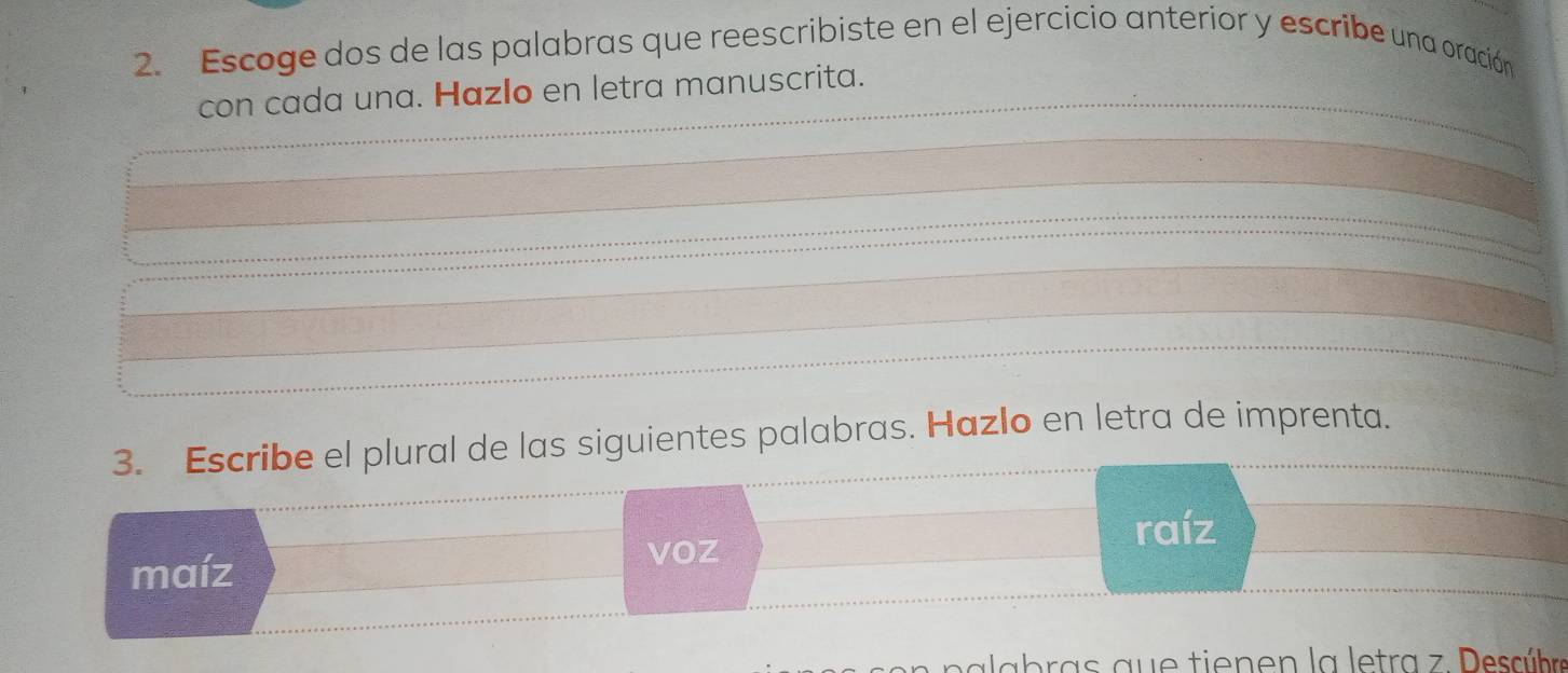 Escoge dos de las palabras que reescribiste en el ejercicio anterior y escribe una oración 
con cada una. Hazlo en letra manuscrita. 
3. Escribe el plural de las siguientes palabras. Hazlo en letra de imprenta. 
raíz 
maíz 
voz 
p ala b ras a ue tienen la letra z Descúbra