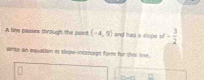 A line passes through the point (-4,9) and has a slope of - 3/2 
Write an equation in slope-intorcept form for this line