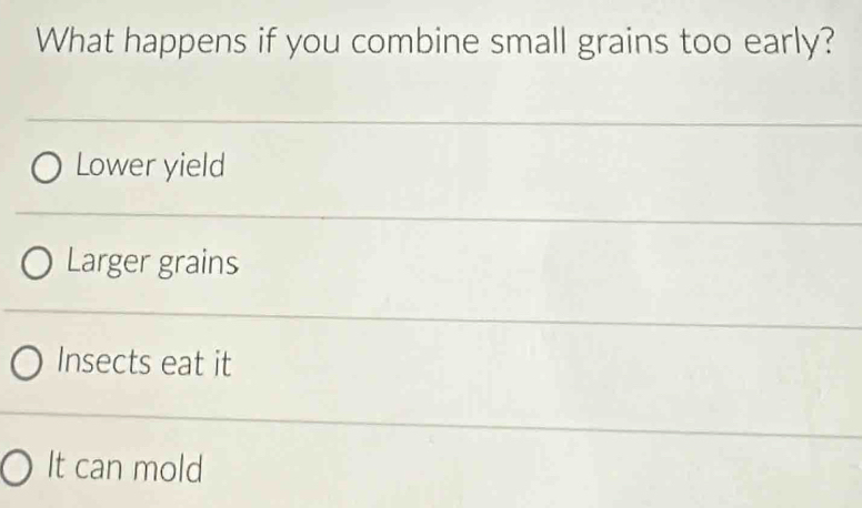 What happens if you combine small grains too early?
Lower yield
Larger grains
Insects eat it
It can mold