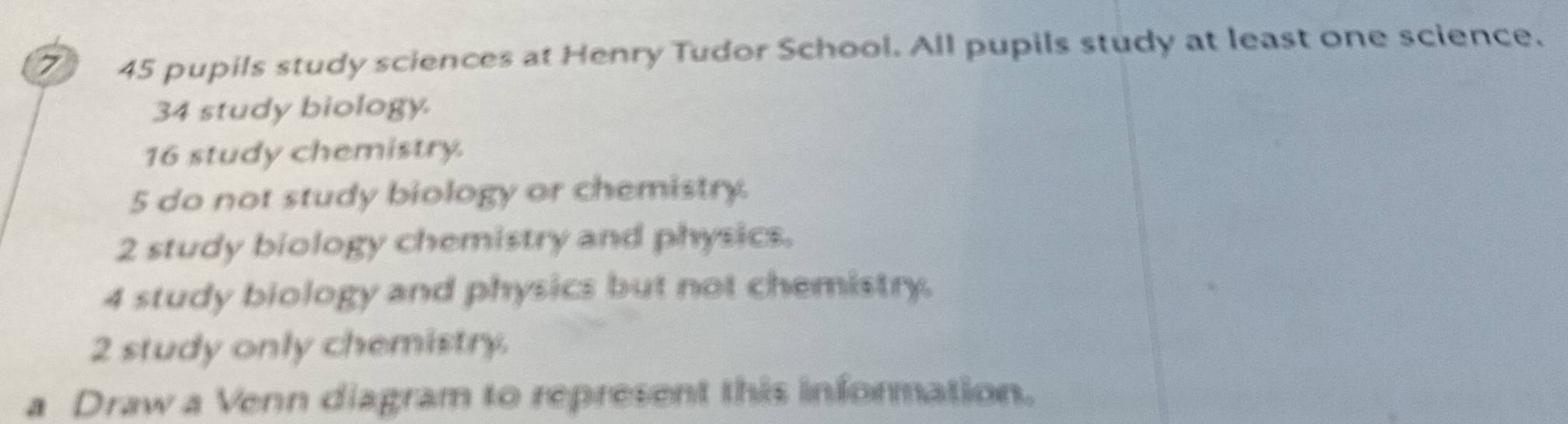 7 45 pupils study sciences at Henry Tudor School. All pupils study at least one science.
34 study biology.
16 study chemistry. 
5 do not study biology or chemistry. 
2 study biology chemistry and physics. 
4 study biology and physics but not chemistry. 
2 study only chemistry. 
a Draw a Venn diagram to represent this information.