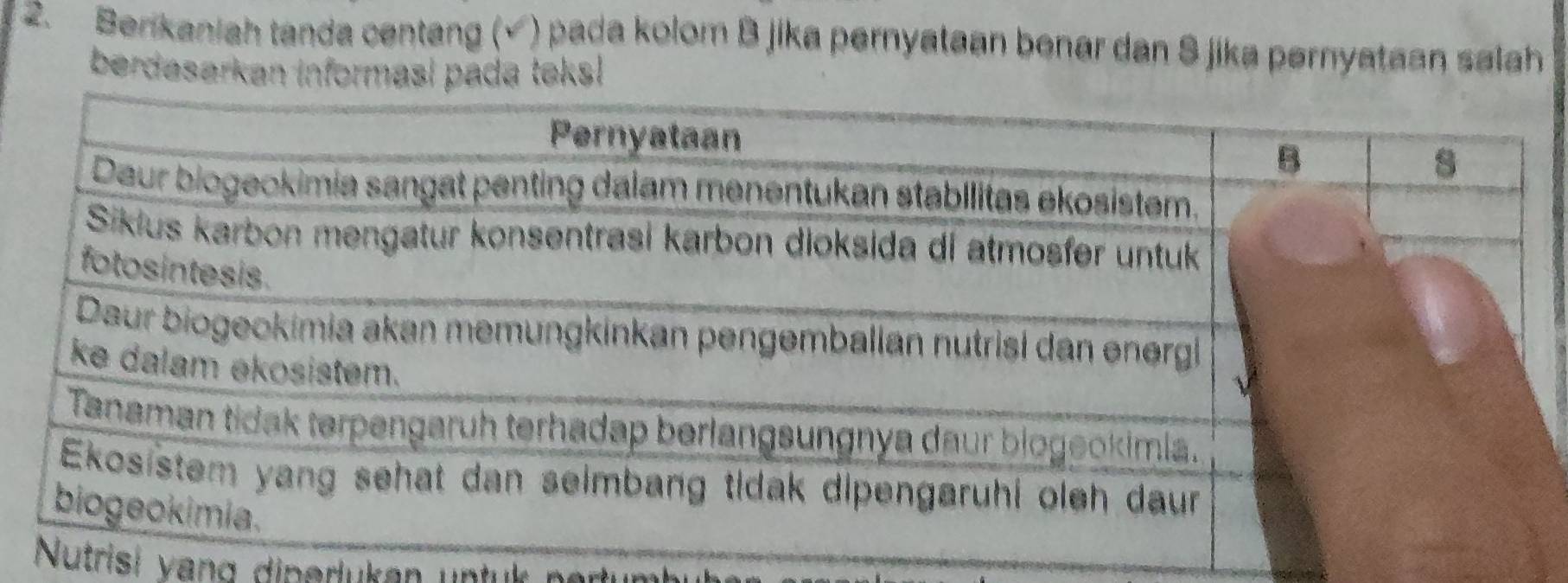 Berikaniah tanda centang (√) pada kolom B jika pernyataan benar dan S jika pernyataan salah 
berdesarkan informasi pada teks! 
utrisi vang diperlukan untuk pertum