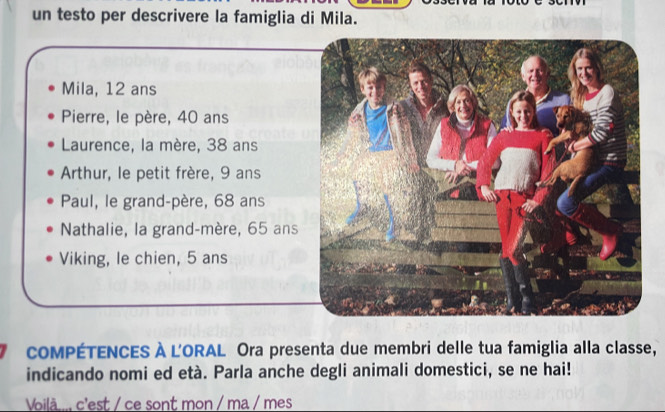 un testo per descrivere la famiglia di Mila.
Mila, 12 ans
Pierre, le père, 40 ans
Laurence, la mère, 38 ans
Arthur, le petit frère, 9 ans
Paul, le grand-père, 68 ans
Nathalie, la grand-mère, 65 ans
Viking, le chien, 5 ans
coMPÉTENCES À L'ORAL Ora presenta due membri delle tua famiglia alla classe,
indicando nomi ed età. Parla anche degli animali domestici, se ne hai!
Voilà .... c'est / ce sont mon / ma / mes