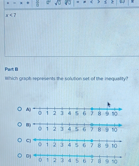 + x +  □ /□   Q sqrt(□ ) = < > π
x<7</tex> 
Part B 
Which graph represents the solution set of the inequality?