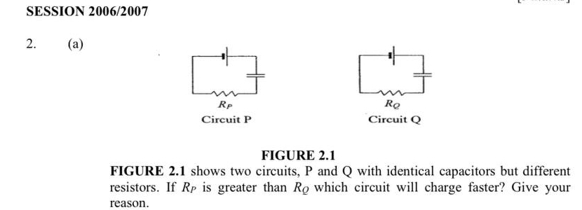 SESSION 2006/2007 
2. (a)
R_P
Re 
Circuit P Circuit Q
FIGURE 2.1 
FIGURE 2.1 shows two circuits, P and Q with identical capacitors but different 
resistors. If R_P is greater than R_Q which circuit will charge faster? Give your 
reason.