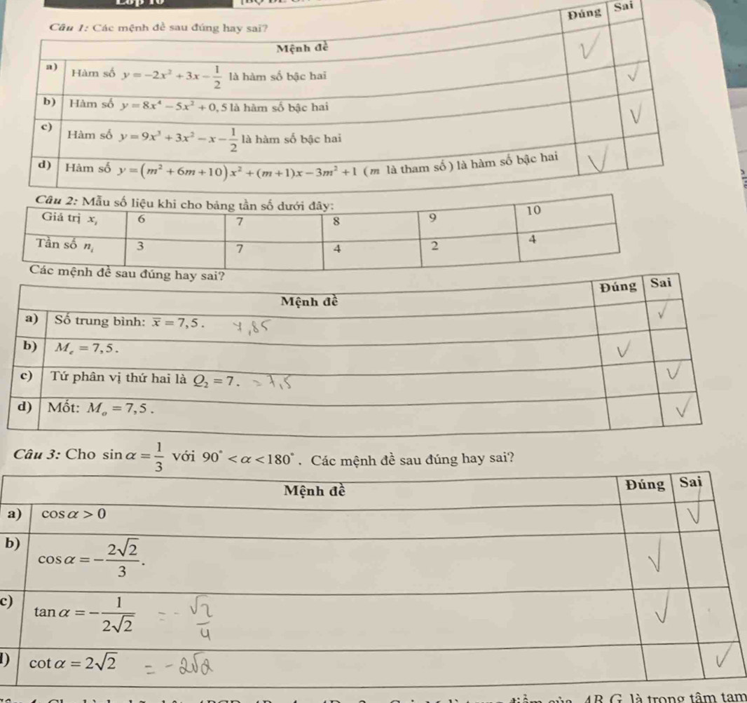 Sai
Câu 3: Cho sin alpha = 1/3  với 90° <180°. Các mệnh đề sau đúng hay sai?
a
b
c)
1)
AB G. là trong tâm tam