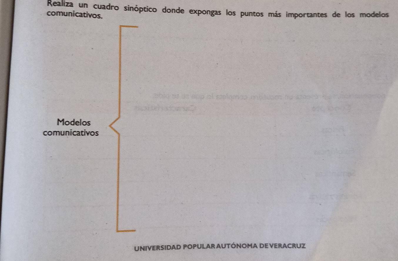 Realiza un cuadro sinóptico donde expongas los puntos más importantes de los modelos 
comunicativos. 
Modelos 
comunicativos 
UNIVERSIDAD POPULAR AUTÓNOMA DE VERACRUZ