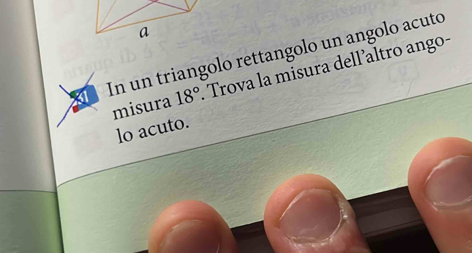 In un triangolo rettangolo un angolo acuto 
misura 18° Trova la misura dell’altro ango- 
lo acuto.