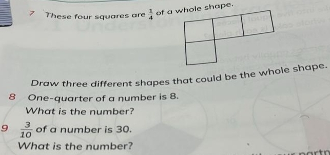 Solved: These four squares are 1/4 of a pe. Draw three different shapes ...