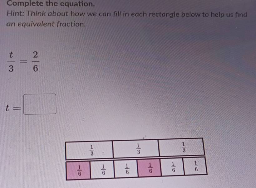 Complete the equation. 
Hint: Think about how we can fill in each rectangle below to help us find 
an equivalent fraction.
 t/3 = 2/6 
t=□
 1/3 
 1/3 
 1/3 
 1/6   1/6   1/6   1/6   1/6   1/6 