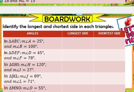 ML=15
BOARDWORK
Identify the longest and shortest side in each triangles.
h