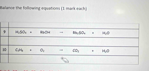 Balance the following equations (1 mark each)
1