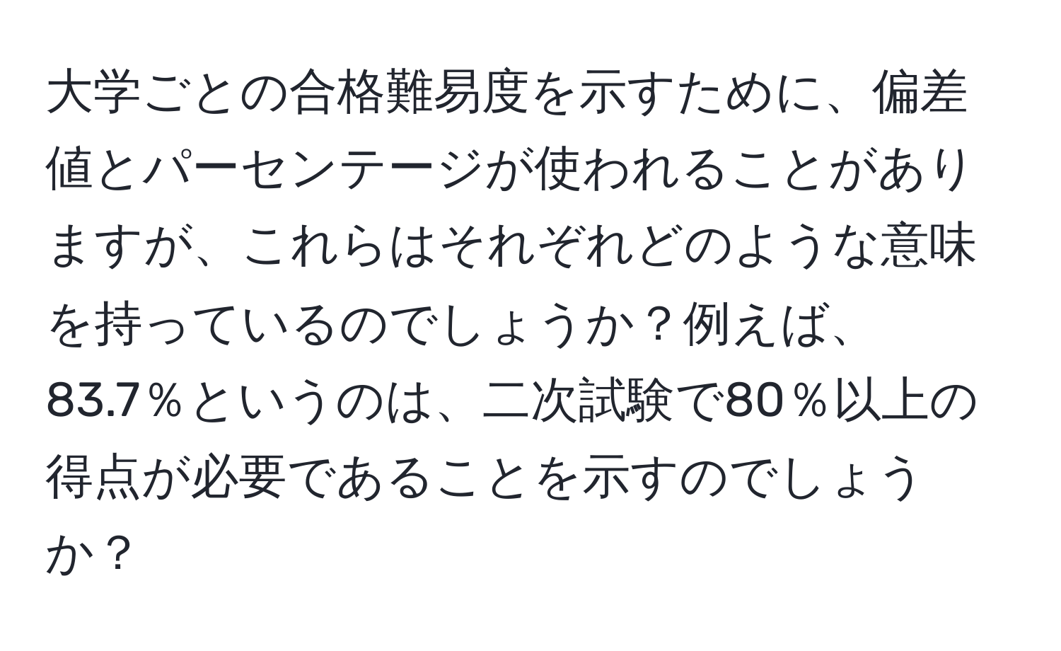 大学ごとの合格難易度を示すために、偏差値とパーセンテージが使われることがありますが、これらはそれぞれどのような意味を持っているのでしょうか？例えば、83.7％というのは、二次試験で80％以上の得点が必要であることを示すのでしょうか？