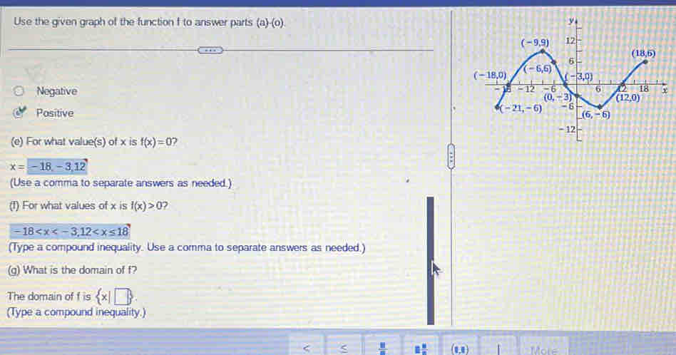 Use the given graph of the function I to answer parts (a)-(0).
Negative
Positive 
(e) For what value(s) of x is f(x)=0 7
x=-18,-3,12
(Use a comma to separate answers as needed.)
(f) For what values of x is f(x)>0
-18
(Type a compound inequality. Use a comma to separate answers as needed.)
(g) What is the domain of f?
The domain of f is  x|□ 
(Type a compound inequality.)
< <tex> □ /□   11 8/m  (0,0) r More