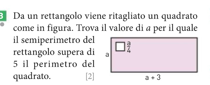 Da un rettangolo viene ritagliato un quadrato
come in figura. Trova il valore di a per il quale
il semiperimetro del
rettangolo supera di
5 il perimetro del
quadrato. [2]