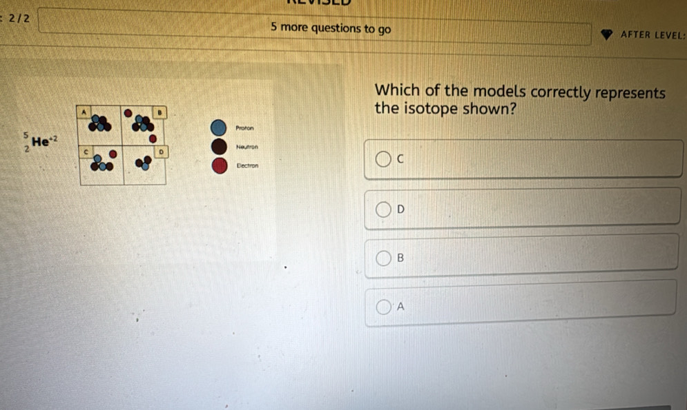 2/ 2 5 more questions to go AFTER LEVEL:
Which of the models correctly represents
a c
the isotope shown?
Proton
_2^(5He^+2) c n Ne mron
Eectron
C
D
B
A