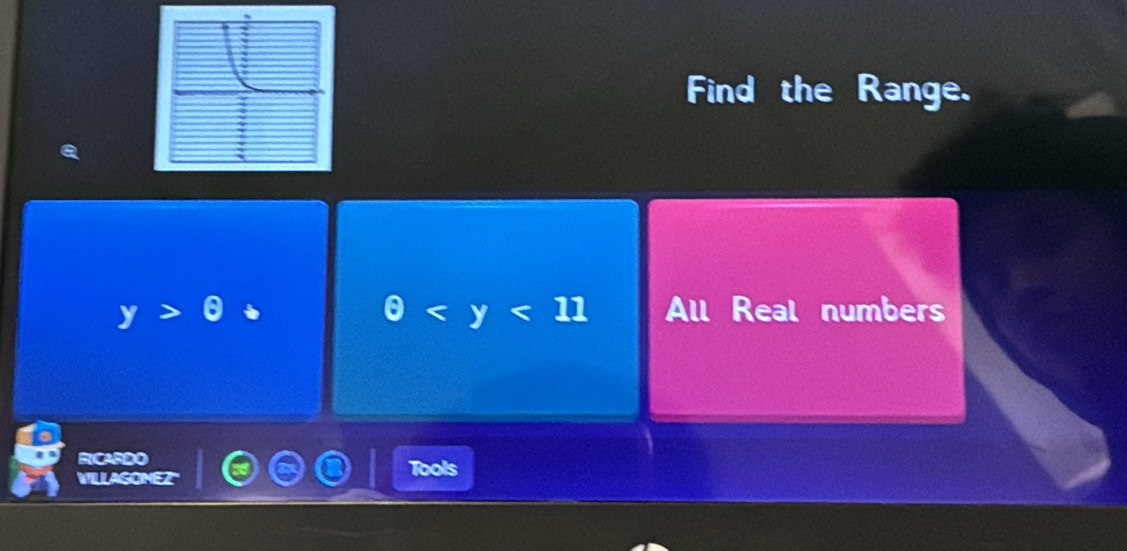 Find the Range.
0
y>θ + All Real numbers
RICARDO Tools
VILLAGOMEZ"