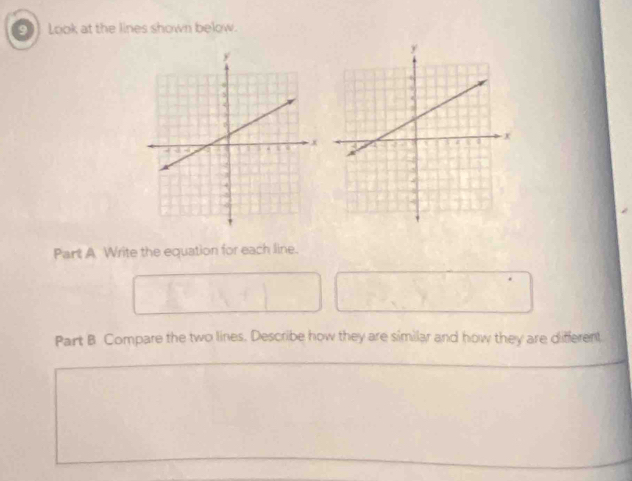 Look at the lines shown below. 
Part A Write the equation for each line. 
Part B Compare the two lines. Describe how they are similar and how they are different