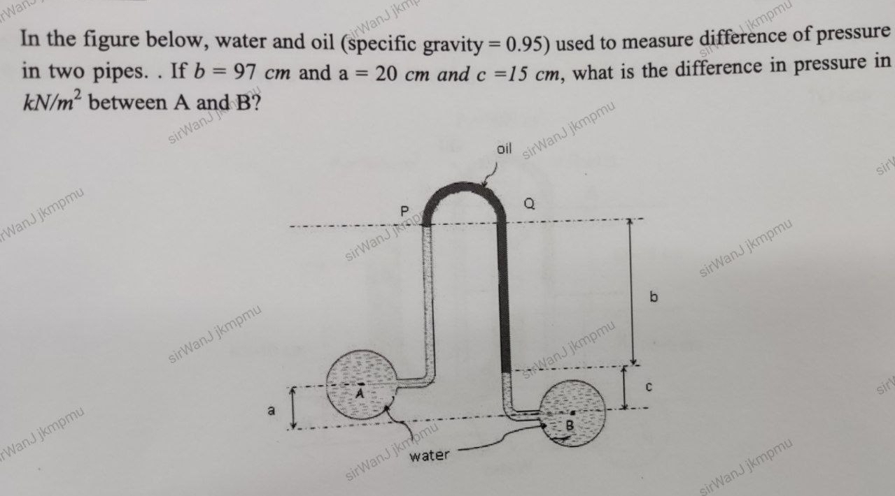 In the figure below, water and oil (specific gravity =0.95) used to measure difference of pressure 
in two pipes. . If b=97cm and a=20cm and c=15cm , what is the difference in pressure in
kN/m^2 between A and B? 

sirl 
WanJ jkmpmu 
sirWanJ jkmpm 
WanJ jkmpmu sirWanJ jkm 
sirl 
sirWanJ jkmpmu