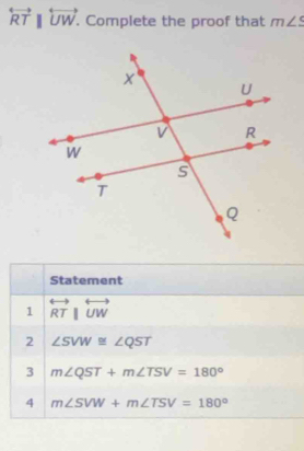 overleftrightarrow RTparallel overleftrightarrow UW. . Complete the proof that m∠ S
Statement 
1 overleftrightarrow RT|overleftrightarrow UW
2 ∠ SVW≌ ∠ QST
3 m∠ QST+m∠ TSV=180°
4 m∠ SVW+m∠ TSV=180°