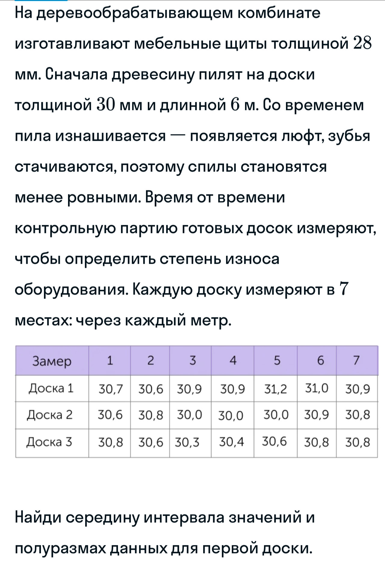 Ηa деревообрабатывающем комбинате 
Изготавливают мебельные Шиты Τοлщиной 28
мм. Сначала древесину пилят на доски 
тοлшиной 3О мм и длинной 6 м. Со временем 
πила изнашивается — появляется люφт, зубыя 
СтачиваюотСя, поэтому Спилы СтаноΒятся 
менее ровными. Время от времени 
Κонтрольную πартиюо гоΤовых досоΚ измеряюот, 
чтобы определить степень износа 
оборудованияе Κаждую доску измеряίт в 7
Μестах: через κаждый метр. 
Найди середину интервала значений и 
лолуразмах данньίх для πервой доски.