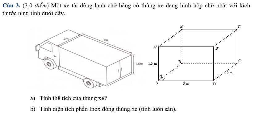 (3,0 điểm) Một xe tải đông lạnh chở hàng có thùng xe dạng hình hộp chữ nhật với kích
thước như hình dưới đây.
a) Tính thể tích của thùng xe?
b) Tính diện tích phần Inox đóng thùng xe (tính luôn sản).