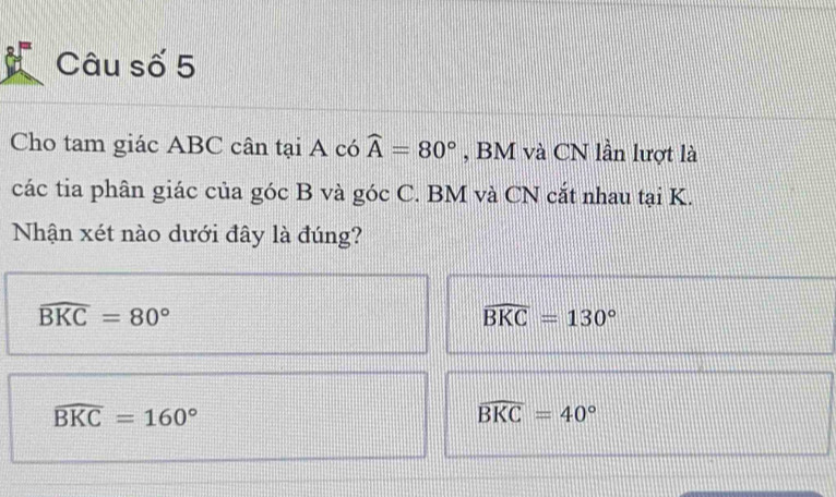 Câu số 5
Cho tam giác ABC cân tại A có widehat A=80° , BM và CN lần lượt là
các tia phân giác của góc B và góc C. BM và CN cắt nhau tại K.
Nhận xét nào dưới đây là đúng?
widehat BKC=80°
widehat BKC=130°
widehat BKC=160°
widehat BKC=40°