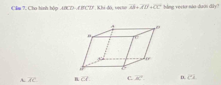 Cầu 7. Cho hình hộp ABCD- A'B'C'D'  Khi đó, vecto overline AB+overline A'D'+overline CC' bằng vectơ nào dưới dây?
A. overline A'C. B. vector CA'. C. vector AC'. D. vector CA.