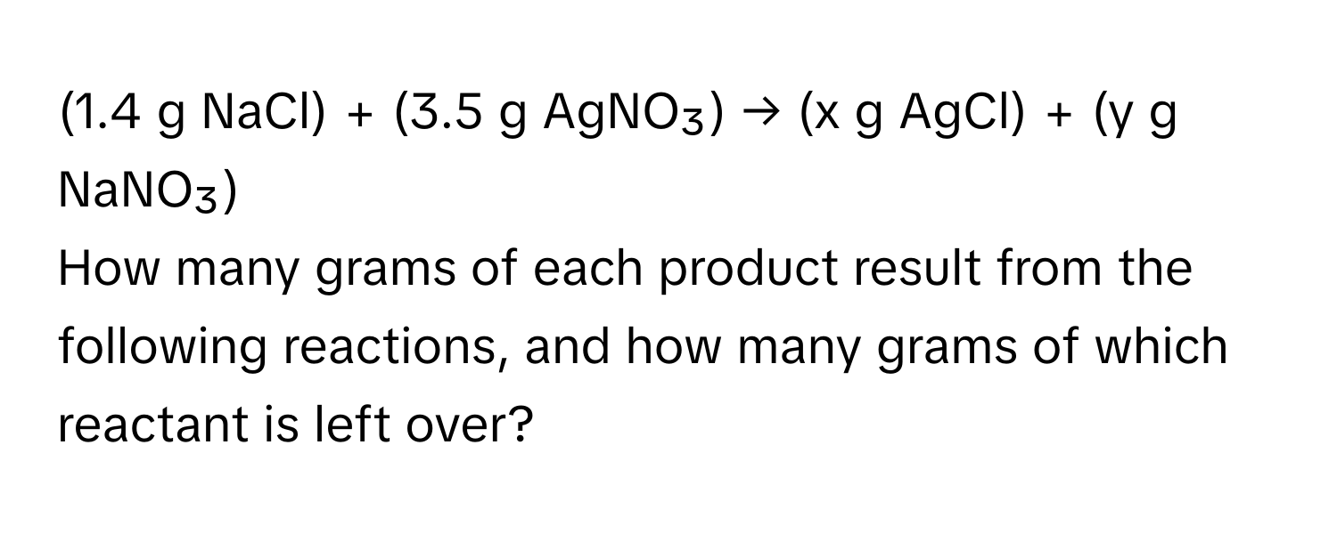 (1.4 g NaCl) + (3.5 g AgNO₃) → (x g AgCl) + (y g NaNO₃)

How many grams of each product result from the following reactions, and how many grams of which reactant is left over?