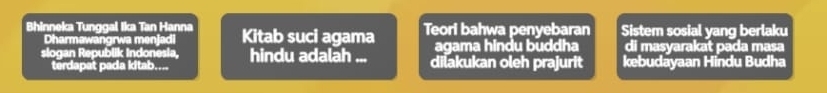 Bhinneka Tunggal Ika Tan Hanna Kitab suci agama Teori bahwa penvebaran Sistem sosial yang berlaku 
Dharmawangrwa menjadi agama hindu buddha di masyarakat pada masa 
slogan Republik Indonesia, hindu adalah ... dilakukan oleh prajurit kebudayaan Hindu Budha 
terdapat pada kitab....