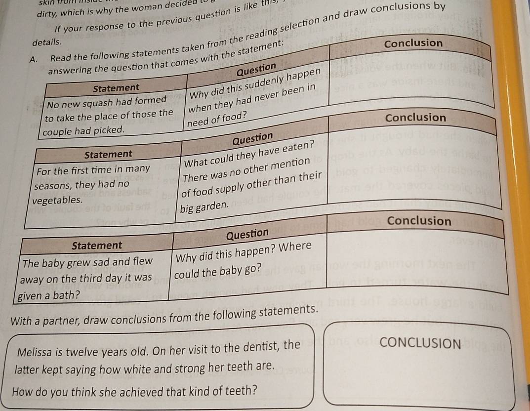 dirty, which is why the woman decided l 
response to the previous question is like thi 
selection and draw conclusions by 
With a partner, draw conclusions from the following stateme 
Melissa is twelve years old. On her visit to the dentist, the 
CONCLUSION 
latter kept saying how white and strong her teeth are. 
How do you think she achieved that kind of teeth?