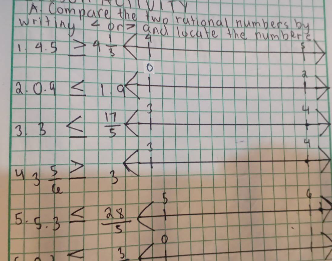 YUIWY 
A Compare the two ratonal numbers by 
writing 4 or z and locate the numbers 
1 4.5≥ 4 1/3  A1 
S 
o 
a 
a 0.9≤ 1.95
3 3≤  17/5 
3
4
3
41
43 5/6 ≥ 3
6
5. 5.3≤  28/5 
overline  
① 
3