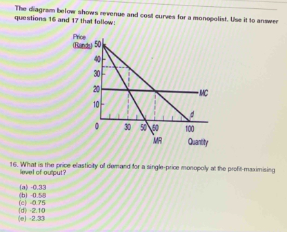 The diagram below shows revenue and cost curves for a monopolist. Use it to answer
questions 16 and 17 that follow:
16. What is the price elasticity of demand for a single-price monopoly at the profit-maximising
level of output?
(a) -0.33
(b) -0.58
(c) -0.75
(d) -2.10
(e) -2.33