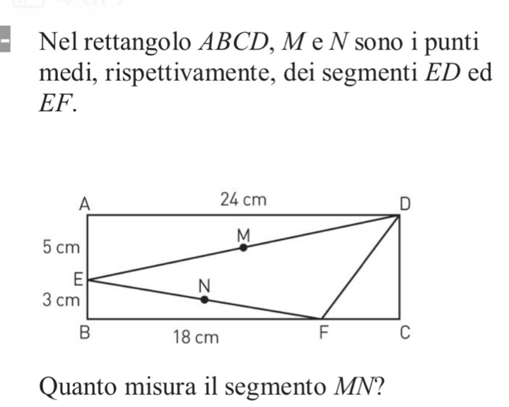 Nel rettangolo ABCD, M e N sono i punti 
medi, rispettivamente, dei segmenti ED ed
EF. 
Quanto misura il segmento MN?