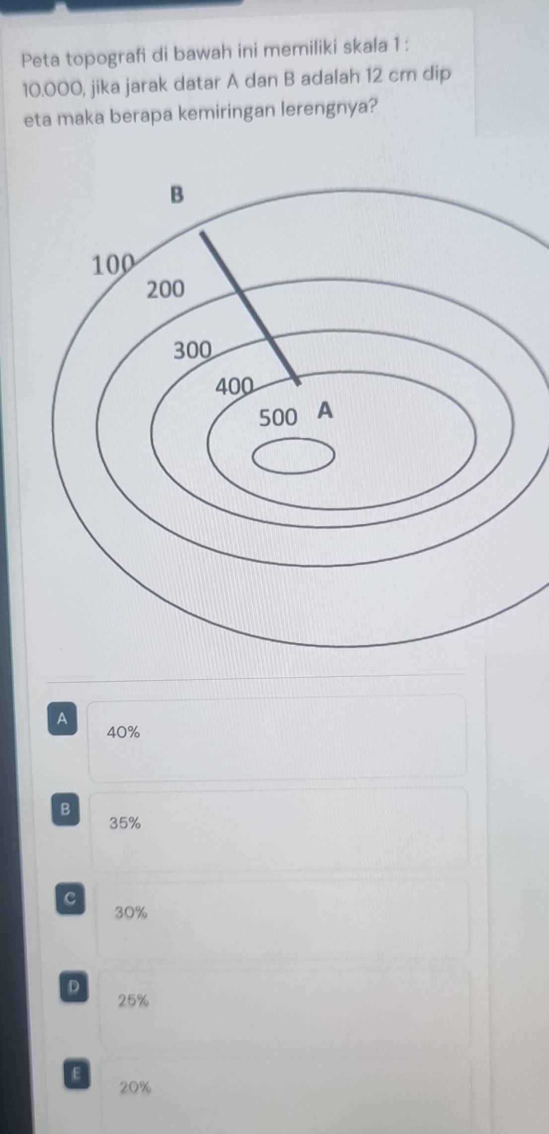 Peta topografi di bawah ini memiliki skala 1 :
10.000, jika jarak datar A dan B adalah 12 cm dip
eta maka berapa kemiringan lerengnya?
A
40%
B
35%
C
30%
D
25%
E
20%