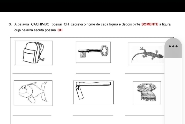 A palavra CACHIMBO possui CH. Escreva o nome de cada figura e depois pinte SOMENTE a figura 
cuja palavra escrita possua CH. 
_ 
__ 
_ 
__