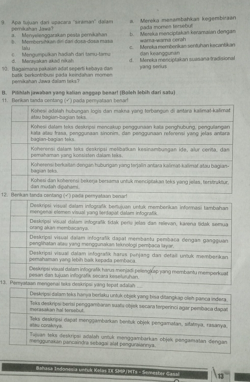 Apa tujuan dari upacara "siraman'' dalam a. Mereka menambahkan kegembiraan
pernikahan Jawa? pada momen tersebut
a. Menyelenggarakan pesta pernikahan b. Mereka menciptakan keramaian dengan
b. Membersihkan diri dari dosa-dosa masa warna-warna cerah
lalu c. Mereka memberikan sentuhan kecantikan
c. Mengumpulkan hadiah dari tamu-tamu dan keanggunan
d. Merayakan akad nikah d. Mereka menciptakan suasana tradisional
10. Bagaimana pakaian adat seperti kebaya dan yang serius
batik berkontribusi pada keindahan momen 
perikahan Jawa dalam teks?
B. Pilihlah jawaban yang kalian anggap benar! (Boleh lebih dari satu)
11. Berikan tanda centang (✓) pada pernyataan benar!
12ng (✓) pada
13
Bahasa Indonesia untuk Kelas IX SMP/MTs - Semester Gasal 13