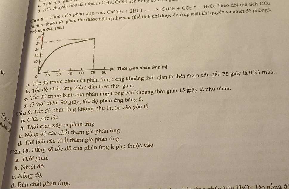 ỉ lệ mol giua 
d, HCl chuyển hóa dẫn thành CH₃COOH nen nong đ ộ 1 
Câu 8. . Thực hiện phản ứng sau: CaCO_3+2HClto CaCl_2+CO_2uparrow +H_2O. Theo dõi thể tích C O_2
thoát ra theo thời gian, thu được đồ thị như sau (thể tích khí được đo ở áp suất khí quyền và nhiệt độ phòng).
ể tích CO_2 (mL)
Thời gian phản ứng (s)
do
a. Tốc độ trung bình của phản ứng trong khoảng thời gian từ thời điểm đầu đến 75 giây là 0,33 ml/s.
b. Tốc độ phản ứng giảm dần theo thời gian.
c. Tốc độ trung bình của phản ứng trong các khoảng thời gian 15 giây là như nhau.
d. Ở thời điểm 90 giây, tốc độ phản ứng bằng 0.
Câu 9. Tốc độ phản ứng không phụ thuộc vào yếu tố
lấy đó a. Chất xúc tác.
hàn 6
b. Thời gian xảy ra phản ứng.
c. Nồng độ các chất tham gia phản ứng.
d. Thể tích các chất tham gia phản ứng.
Câu 10. Hằng số tốc độ của phản ứng k phụ thuộc vào
a. Thời gian.
b. Nhiệt độ.
c. Nồng độ.
d. Bản chất phản ứng.
Đ Đo nồng đá