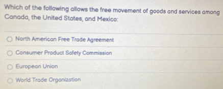 Which of the following allows the free movement of goods and services among
Canada, the United States, and Mexico:
North American Free Trade Agreement
Consumer Product Safety Commission
European Union
World Trade Organization