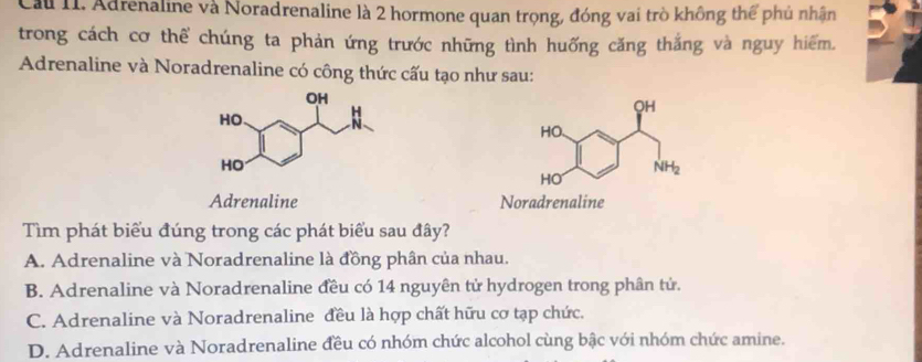 Cầu II. Adrenaline và Noradrenaline là 2 hormone quan trọng, đóng vai trò không thể phủ nhận
trong cách cơ thể chúng ta phản ứng trước những tình huống căng thắng và nguy hiểm.
Adrenaline và Noradrenaline có công thức cấu tạo như sau:

Adrenaline N
Tìm phát biểu đúng trong các phát biểu sau đây?
A. Adrenaline và Noradrenaline là đồng phân của nhau.
B. Adrenaline và Noradrenaline đều có 14 nguyên tử hydrogen trong phân tử.
C. Adrenaline và Noradrenaline đều là hợp chất hữu cơ tạp chức.
D. Adrenaline và Noradrenaline đều có nhóm chức alcohol cùng bậc với nhóm chức amine.