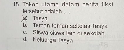 Tokoh utama dalam cerita fiksi
tersebut adalah ..... Tasya
b. Teman-teman sekelas Tasya
c. Siswa-siswa lain di sekolah
d. Keluarga Tasya