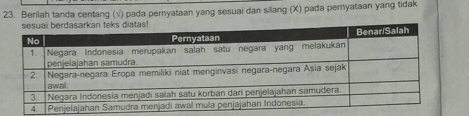 Berilah tanda centang (√) pada pernyataan yang sesuai dan silang (X) pada pernyataan yang tidak