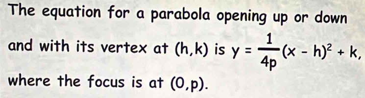 The equation for a parabola opening up or down 
and with its vertex at (h,k) is y= 1/4p (x-h)^2+k, 
where the focus is at (0,p).