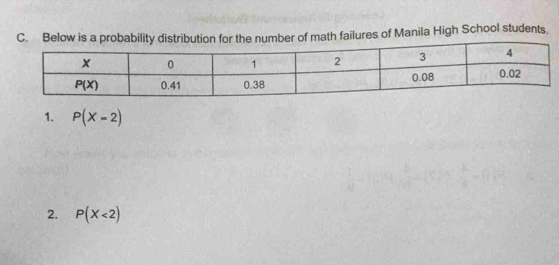 Below is a probability distribution for the number of math failures of Manila High School students.
1. P(X=2)
2. P(X<2)