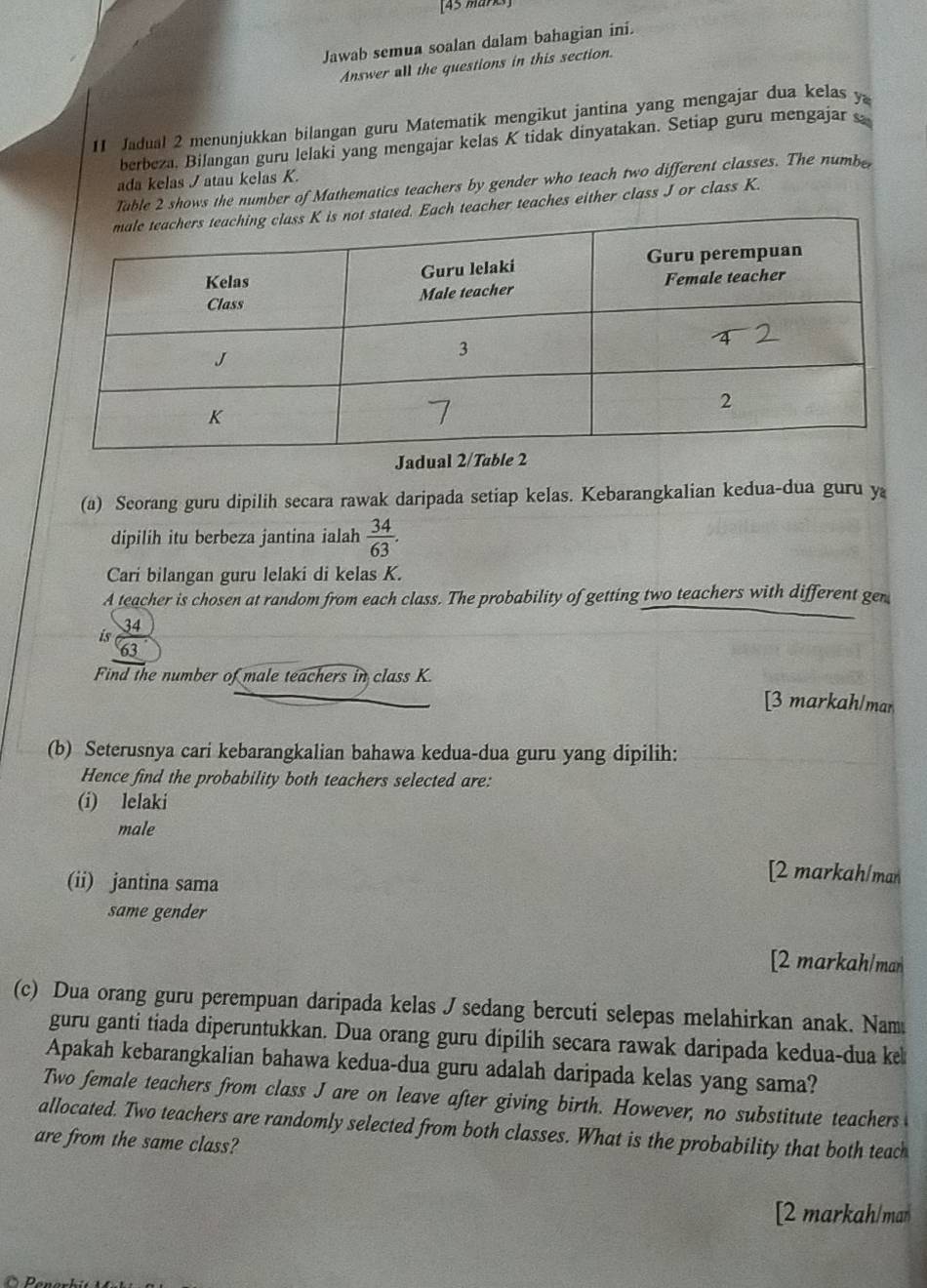 Jawab semua soalan dalam bahagian ini.
Answer all the questions in this section.
11 Jadual 2 menunjukkan bilangan guru Matematik mengikut jantina yang mengajar dua kelas y
berbeza. Bilangan guru lelaki yang mengajar kelas K tidak dinyatakan. Setiap guru mengajar s
ada kelas / atau kelas K.
Table 2 shows the number of Mathematics teachers by gender who teach two different classes. The numbe
ach teacher teaches either class J or class K.
Jadual 2/Tabl
(a) Seorang guru dipilih secara rawak daripada setiap kelas. Kebarangkalian kedua-dua guru y
dipilih itu berbeza jantina ialah  34/63 . 
Cari bilangan guru lelaki di kelas K.
A teacher is chosen at random from each class. The probability of getting two teachers with different gen
34
is
Find the number of male teachers in class K.
[3 markah/mar
(b) Seterusnya cari kebarangkalian bahawa kedua-dua guru yang dipilih:
Hence find the probability both teachers selected are:
(i) lelaki
male
(ii) jantina sama
[2 markah/man
same gender
[2 markah/man
(c) Dua orang guru perempuan daripada kelas J sedang bercuti selepas melahirkan anak. Nam
guru ganti tiada diperuntukkan. Dua orang guru dipilih secara rawak daripada kedua-dua ke
Apakah kebarangkalian bahawa kedua-dua guru adalah daripada kelas yang sama?
Two female teachers from class J are on leave after giving birth. However, no substitute teachers
allocated. Two teachers are randomly selected from both classes. What is the probability that both teach
are from the same class?
[2 markah/man