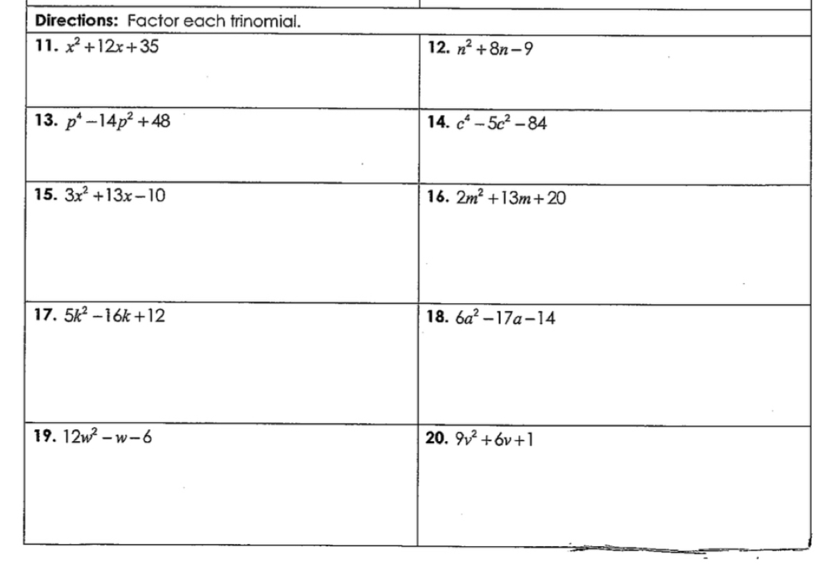 Directions: Factor each trinomial.