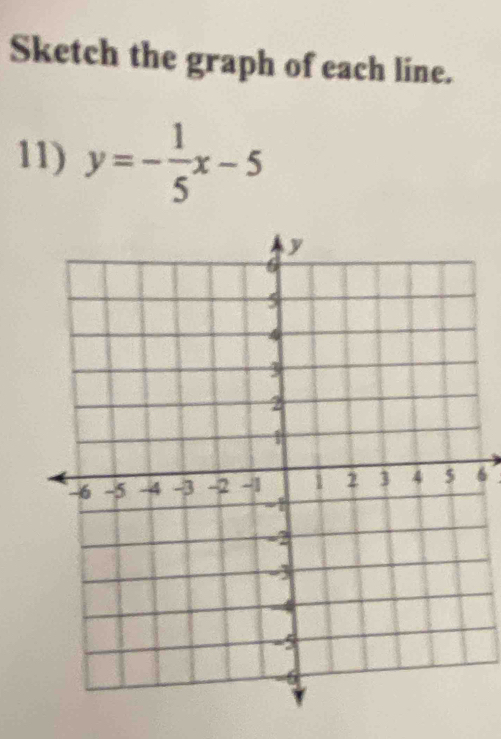 Sketch the graph of each line. 
11) y=- 1/5 x-5
6