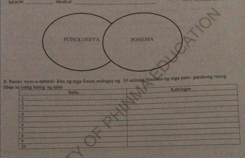 Solved: Seksyon: _Iskedyul_ II Panuto: Ayon sa natural- klas ng mga ...