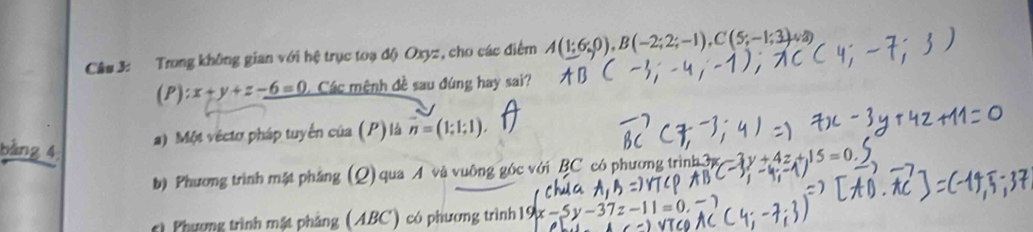 Trong không gian với hệ trục toạ độ Oxyz, cho các điểm A(1;6;0), B(-2;2;-1), C(5;-1;3)
(P):x+y+z-6=0 1Các mệnh đề sau đúng hay sai?
a) Một véctơ pháp tuyển của (P)là n=(1;1;1). 
b) Phương trình mặt pháng (Q) qua A và vuông góc với BC có phương trình
c) Phương trình mặt phảng (ABC) có phương trình x-5y-37z-11=0,-