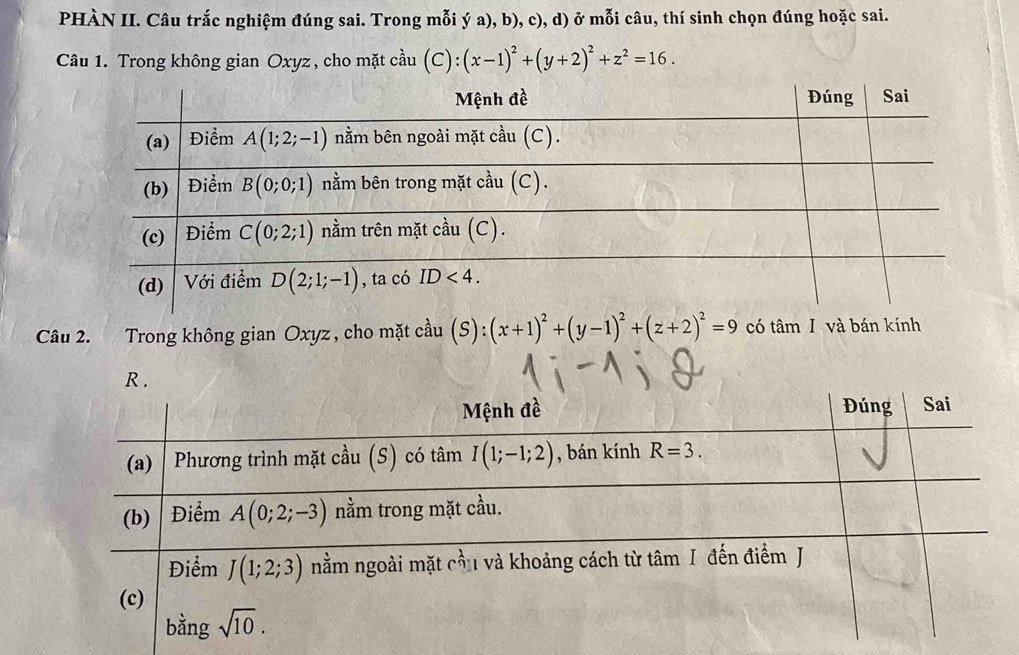 PHÀN II. Câu trắc nghiệm đúng sai. Trong mỗi ý a), b), c), d) ở mỗi câu, thí sinh chọn đúng hoặc sai.
Câu 1. Trong không gian Oxyz , cho mặt cầu :(x-1)^2+(y+2)^2+z^2=16. C)
Câu 2. Trong không gian Oxyz , cho mặt cầu (S):(x+1)^2+(y-1)^2+(z+2)^2=9 có tâm I và bán kính
R .